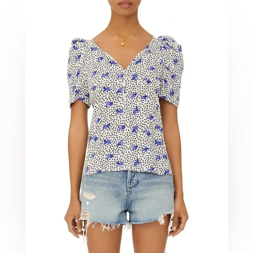MAJE Blouse Lensam Printed Henley V-neck Short Puff Shoulder White Size 1‎ Small